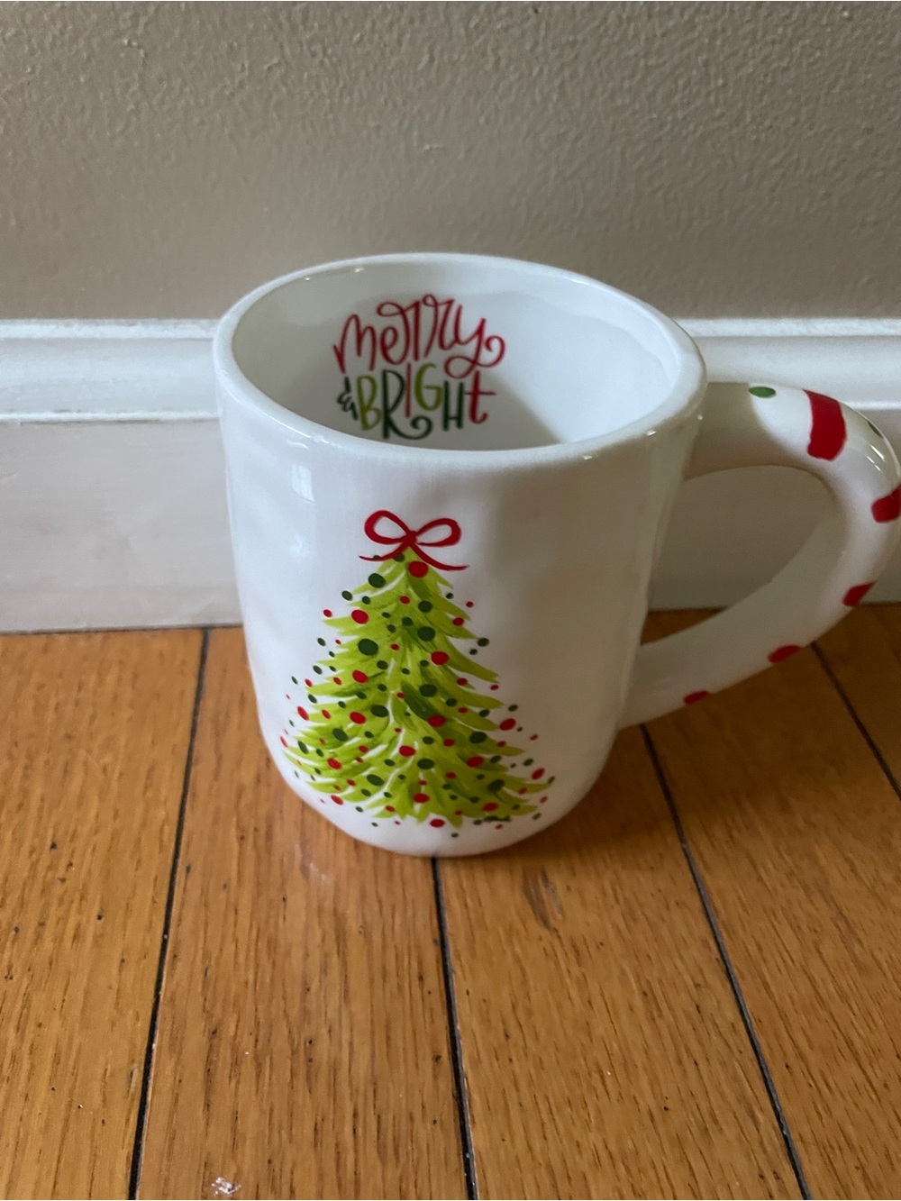 Merry & Bright Christmas Tree Ceramic Mug - White w/Green&Red *see spot inside*